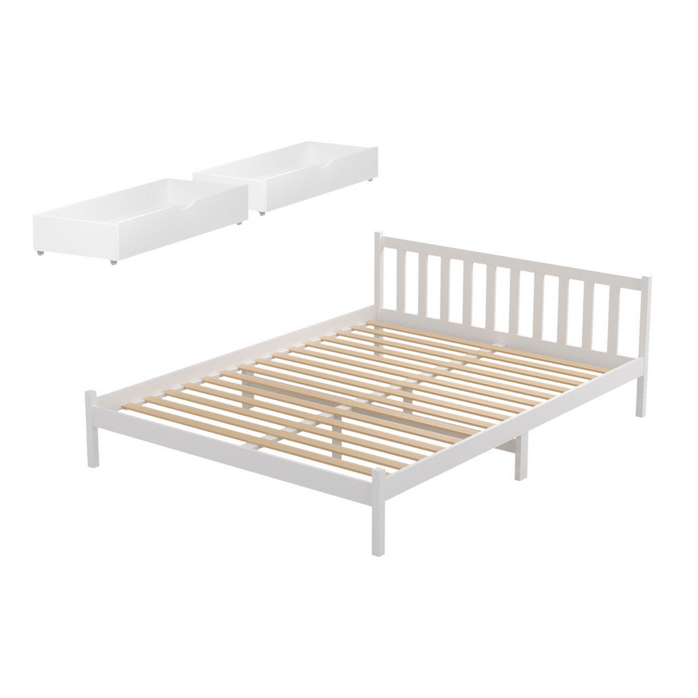 Beds & Bed Frames: Artiss Bed Frame Queen Size Wooden Platform with 2 Storage Drawers White