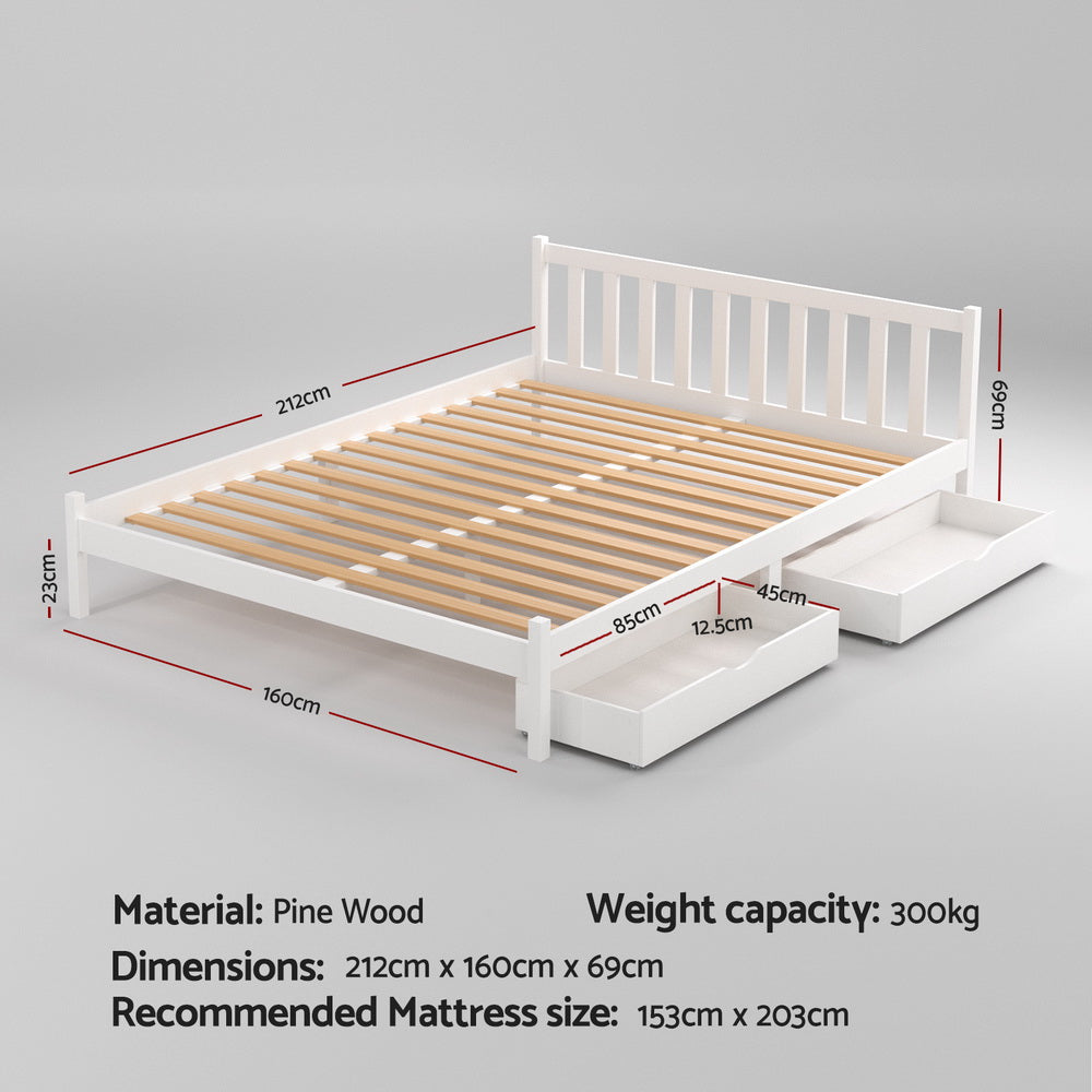 Beds & Bed Frames: Artiss Bed Frame Queen Size Wooden Platform with 2 Storage Drawers White