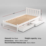 Beds & Bed Frames: Artiss Bed Frame Single Size Wooden Platform with 2 Storage Drawers White SOFIE
