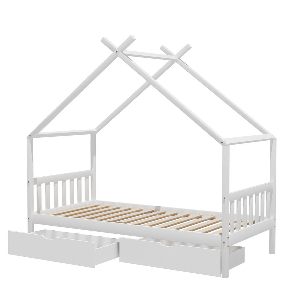 Beds & Bed Frames: Artiss Bed Frame Wooden Base Kids Single Timber House  with 2 Storage Drawers Beds White