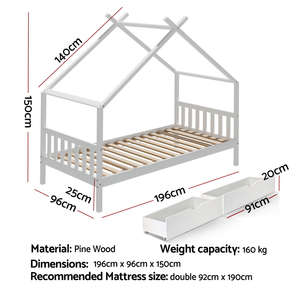 Beds & Bed Frames: Artiss Bed Frame Wooden Base Kids Single Timber House  with 2 Storage Drawers Beds White