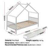 Beds & Bed Frames: Artiss Bed Frame Wooden Base Kids Single Timber House  with 2 Storage Drawers Beds White