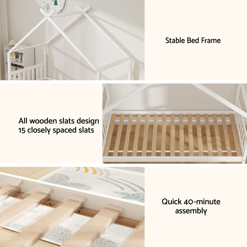 Beds & Bed Frames: Artiss Bed Frame Wooden Base Kids Single Timber House  with 2 Storage Drawers Beds White