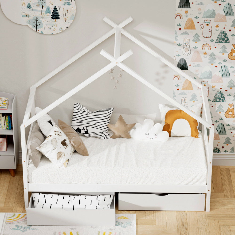 Beds & Bed Frames: Artiss Bed Frame Wooden Base Kids Single Timber House  with 2 Storage Drawers Beds White