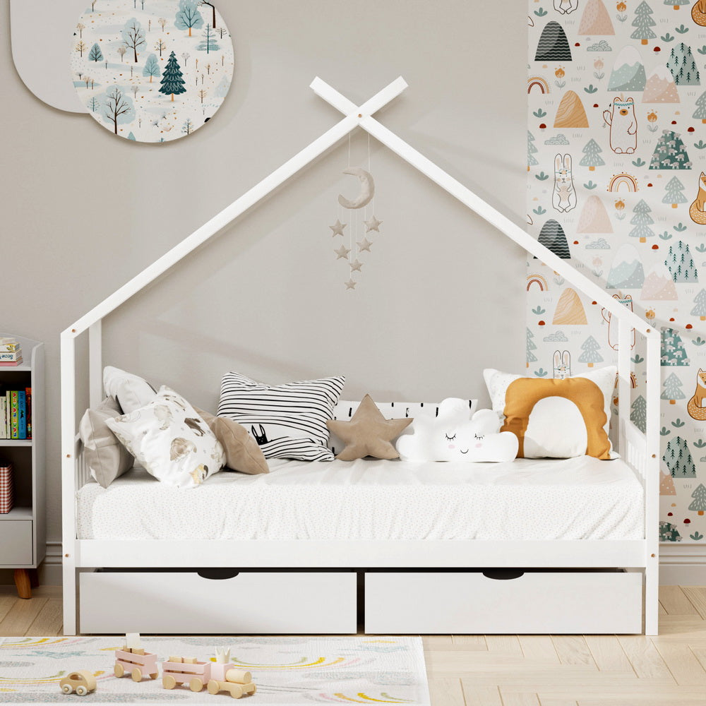 Beds & Bed Frames: Artiss Bed Frame Wooden Base Kids Single Timber House  with 2 Storage Drawers Beds White