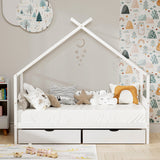 Beds & Bed Frames: Artiss Bed Frame Wooden Base Kids Single Timber House  with 2 Storage Drawers Beds White