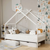 Beds & Bed Frames: Artiss Bed Frame Wooden Base Kids Single Timber House  with 2 Storage Drawers Beds White