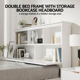 Beds & Bed Frames: Artiss Bed Frame Double Size Wooden with 3 Shelves Bed Head White