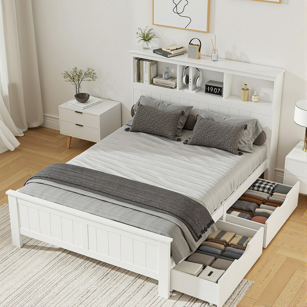 Beds & Bed Frames: Artiss Bed Frame Double Size Wooden with 3 Shelves Bed Head White