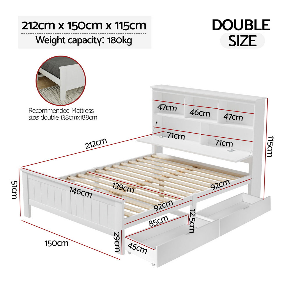 Beds & Bed Frames: Artiss Bed Frame Double Size Wooden with 3 Shelves Bed Head White