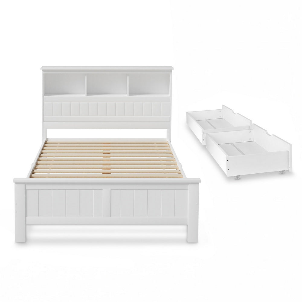 Beds & Bed Frames: Artiss Bed Frame Double Size Wooden with 3 Shelves Bed Head White