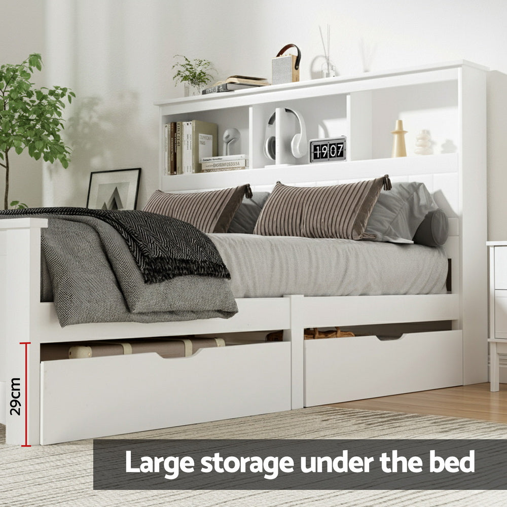 Beds & Bed Frames: Artiss Bed Frame Double Size Wooden with 3 Shelves Bed Head White