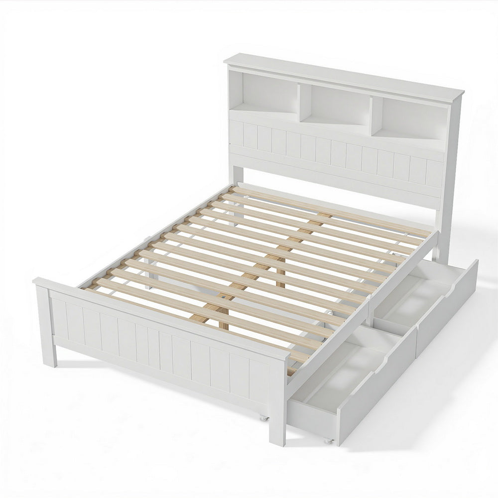 Beds & Bed Frames: Artiss Bed Frame Double Size Wooden with 3 Shelves Bed Head White