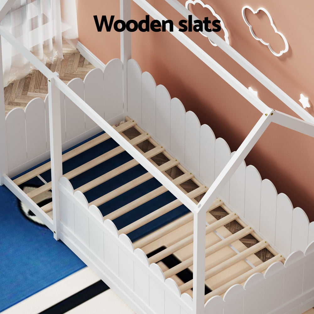 Kid's Beds & Bed Frames: Artiss Bed Frame Wooden Kids House Single Frame White KORI