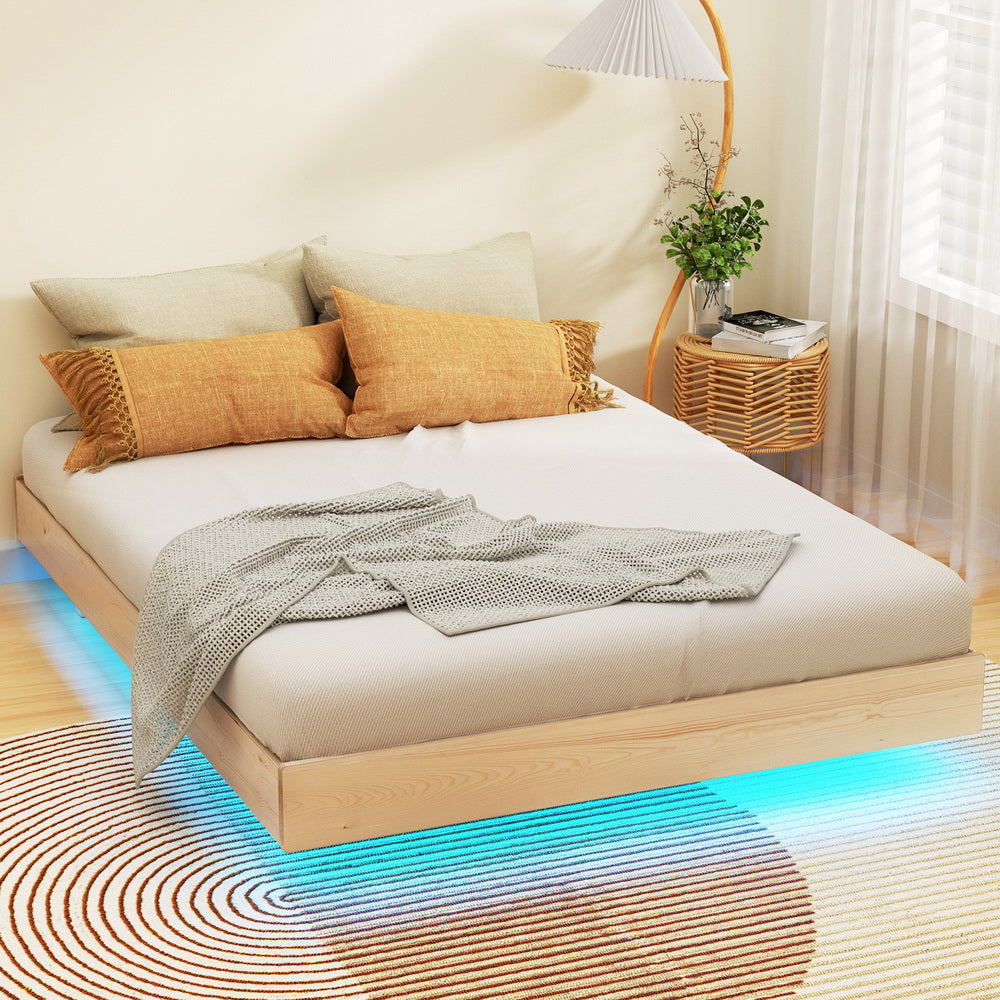 Beds & Bed Frames: Artiss Bed Frame Double Size Floating Wooden Mattress Base Platform Timber ODIN