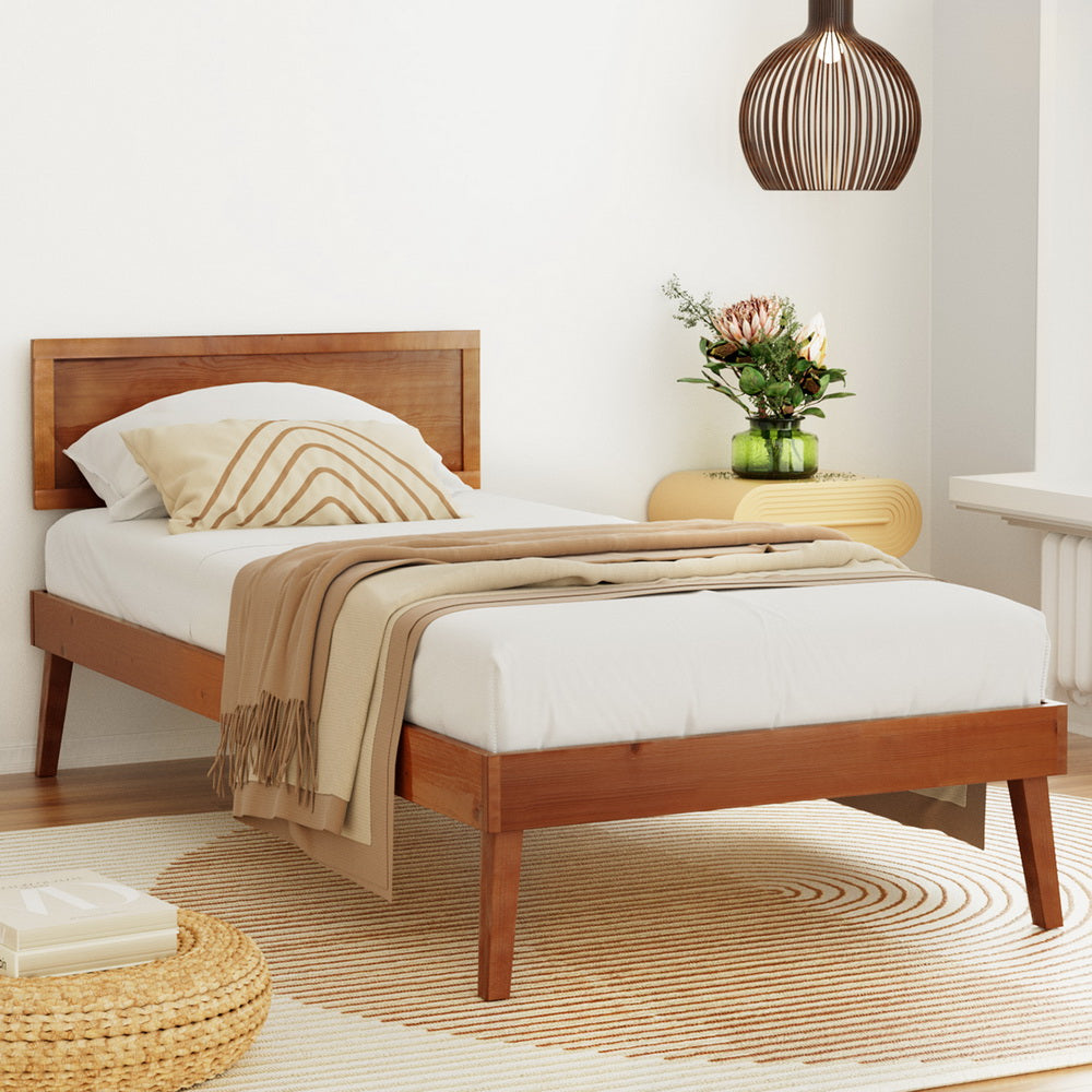 Beds & Bed Frames: Artiss Bed Frame Single Size Wooden Bed Base Walnut SPLAY