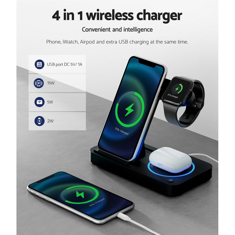 Phone Chargers: Devanti 4-in-1 Wireless Charger Station Fast Charging for Phone Black