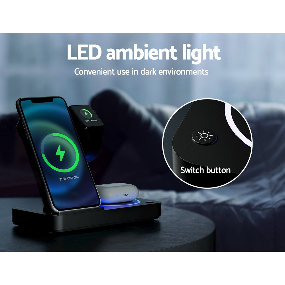 Phone Chargers: Devanti 4-in-1 Wireless Charger Station Fast Charging for Phone Black