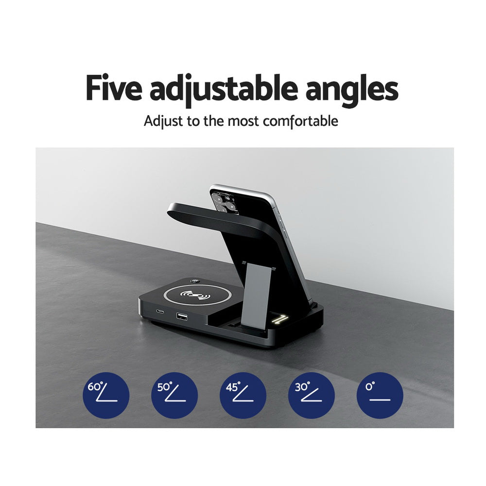 Phone Chargers: Devanti 4-in-1 Wireless Charger Station Fast Charging for Phone Black