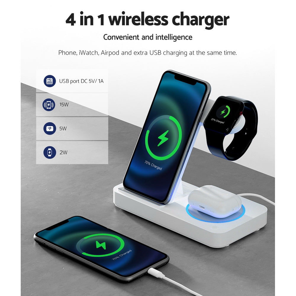 Phone Chargers: Devanti 4-in-1 Wireless Charger Dock Fast Charging for Phone White