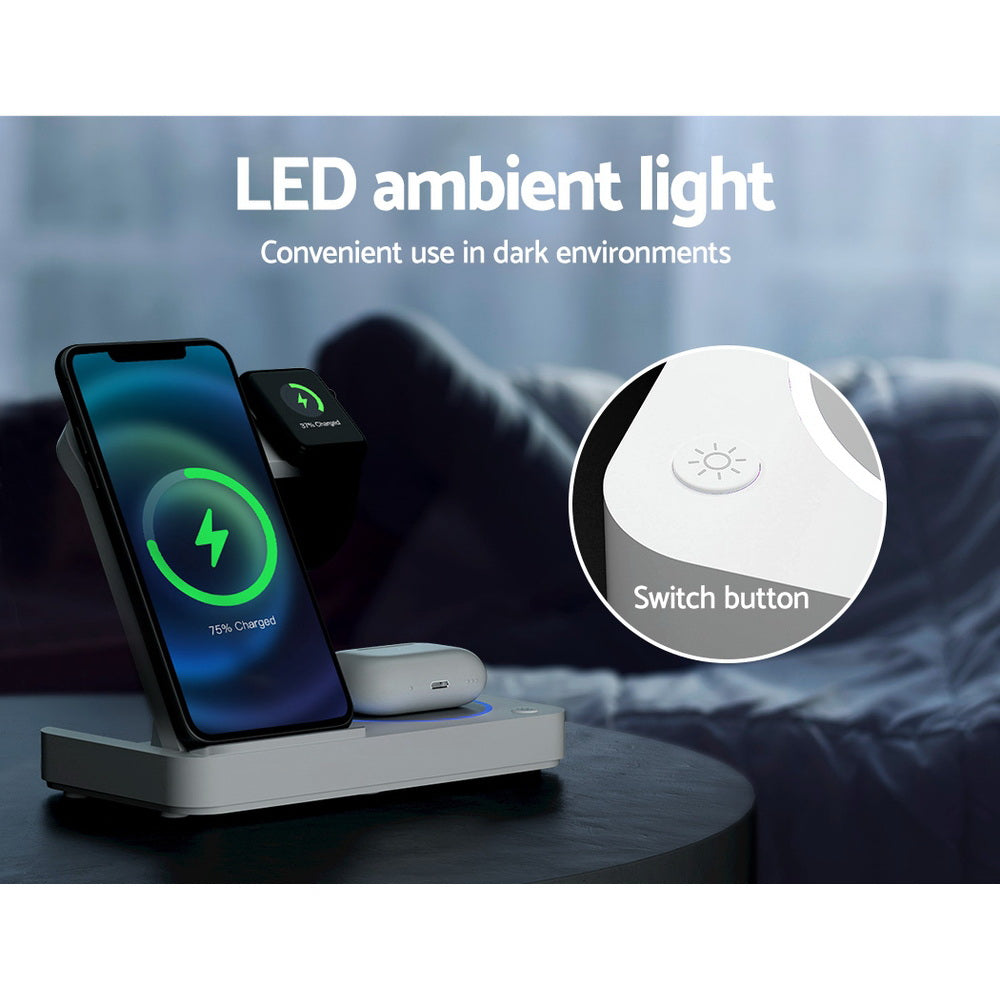 Phone Chargers: Devanti 4-in-1 Wireless Charger Dock Fast Charging for Phone White