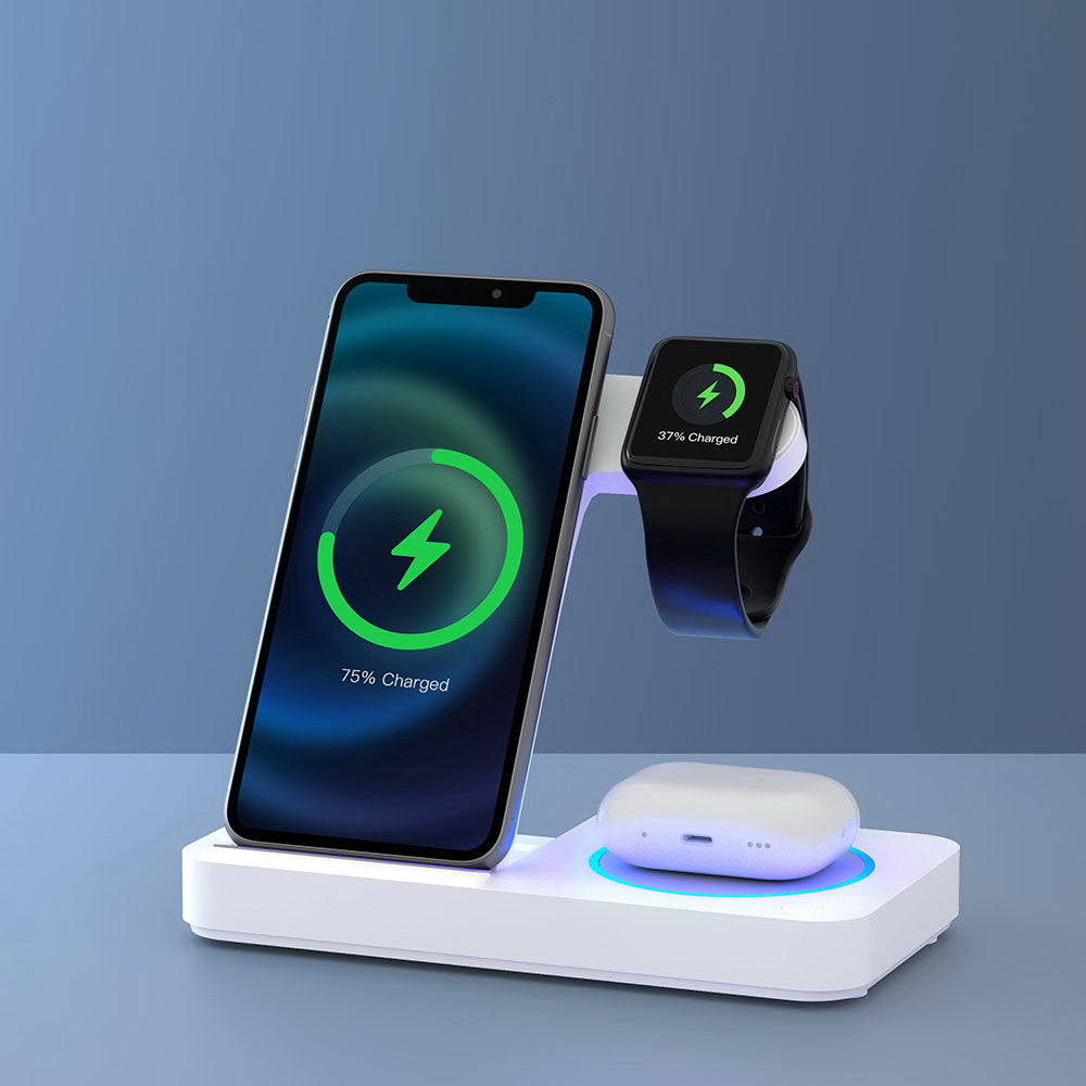 Phone Chargers: Devanti 4-in-1 Wireless Charger Dock Fast Charging for Phone White