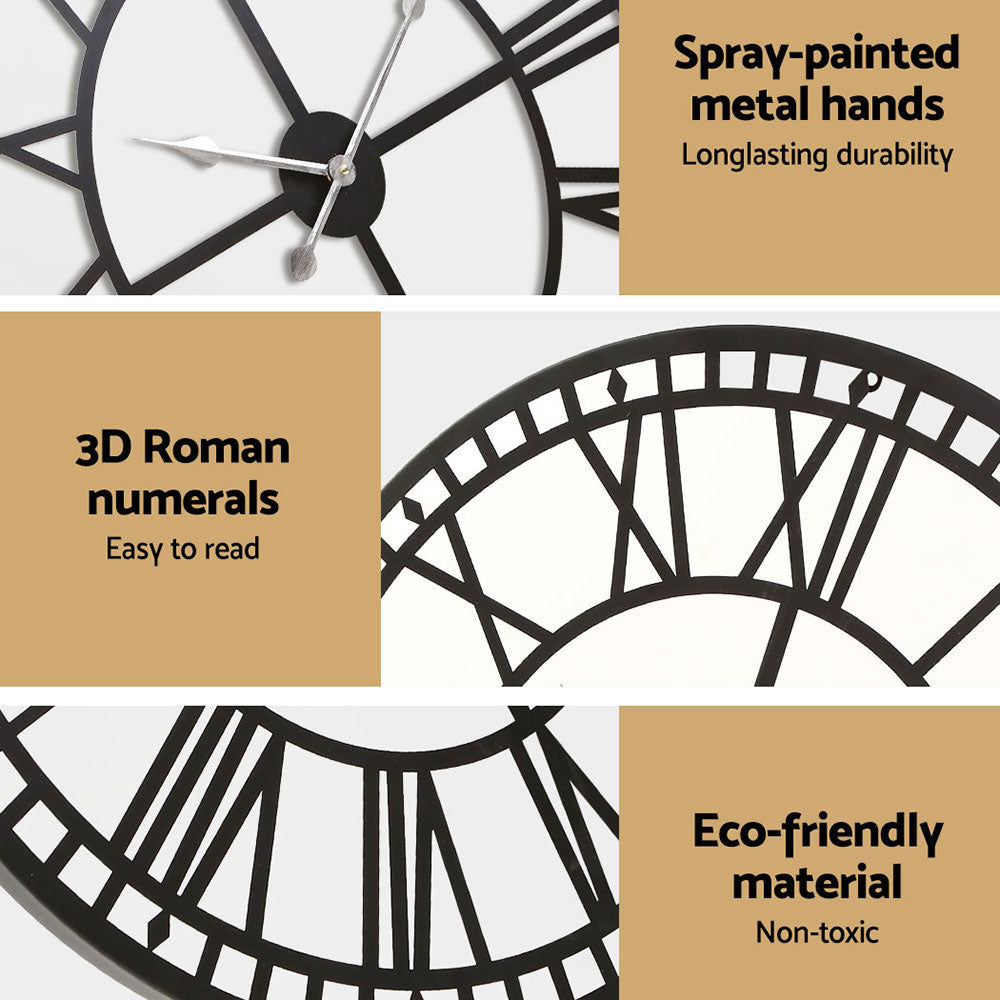 Clocks: Artiss 80cm Wall Clock Large Roman Numerals Metal Black