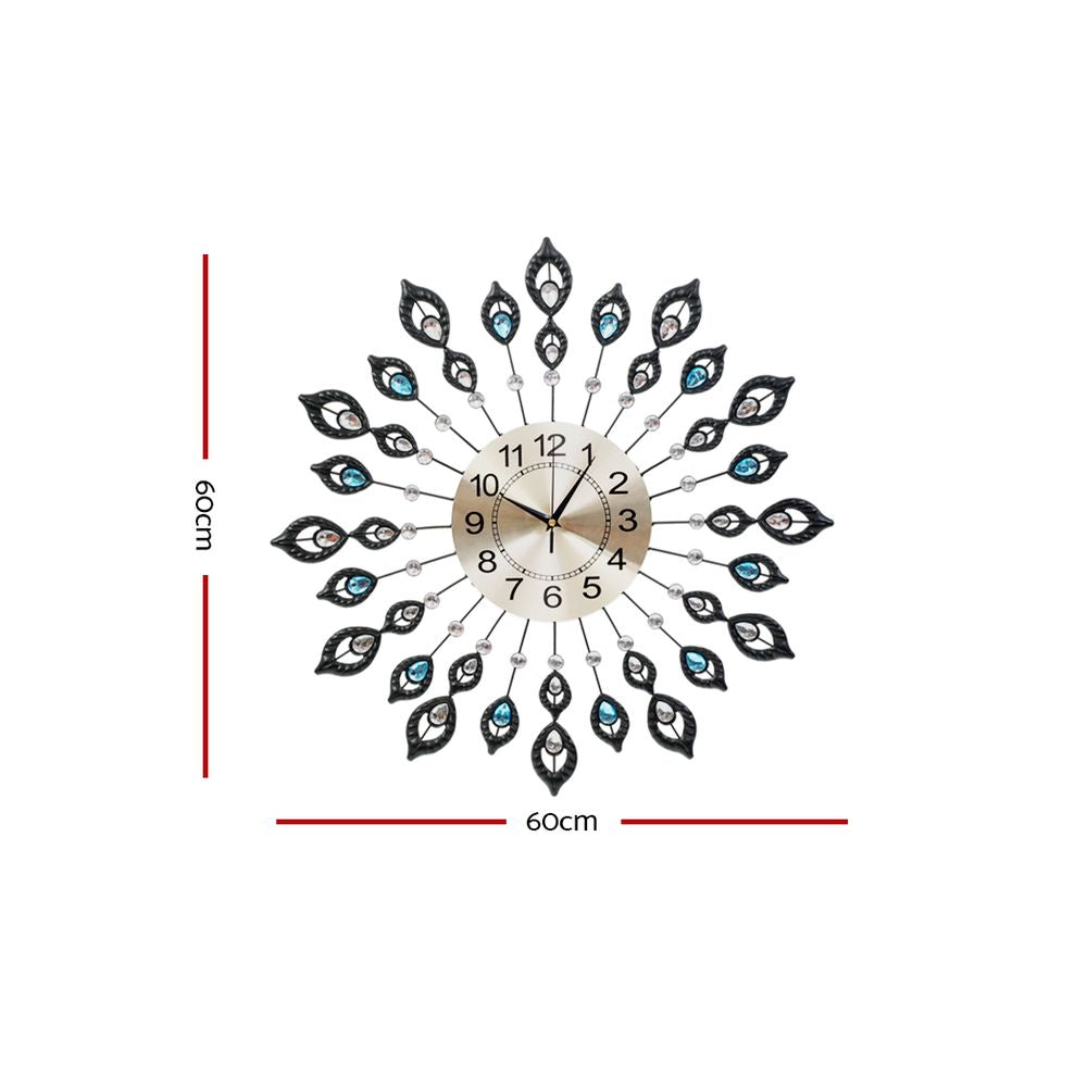 Clocks: Artiss 60cm Wall Clock Large 3D Peacock Crystal Silver