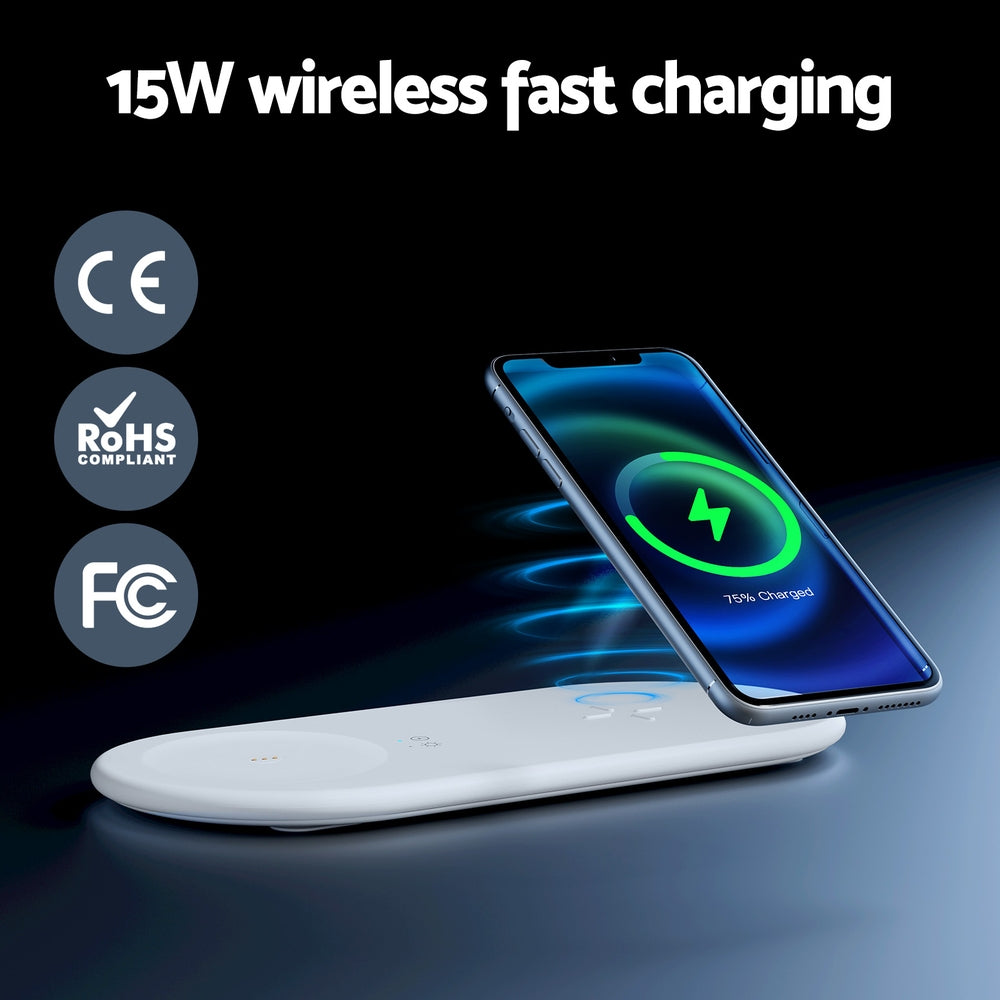 Phone Chargers: Devanti 3 in 1 Wireless Charger 15W Fast Charging RGB Light Bluetooth Speaker for Phone