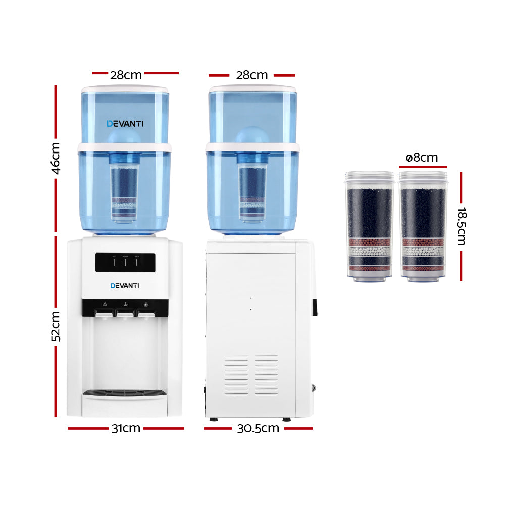 Water Dispensers: Devanti Water Cooler Dispenser Bench Top 22L w/2 Filter