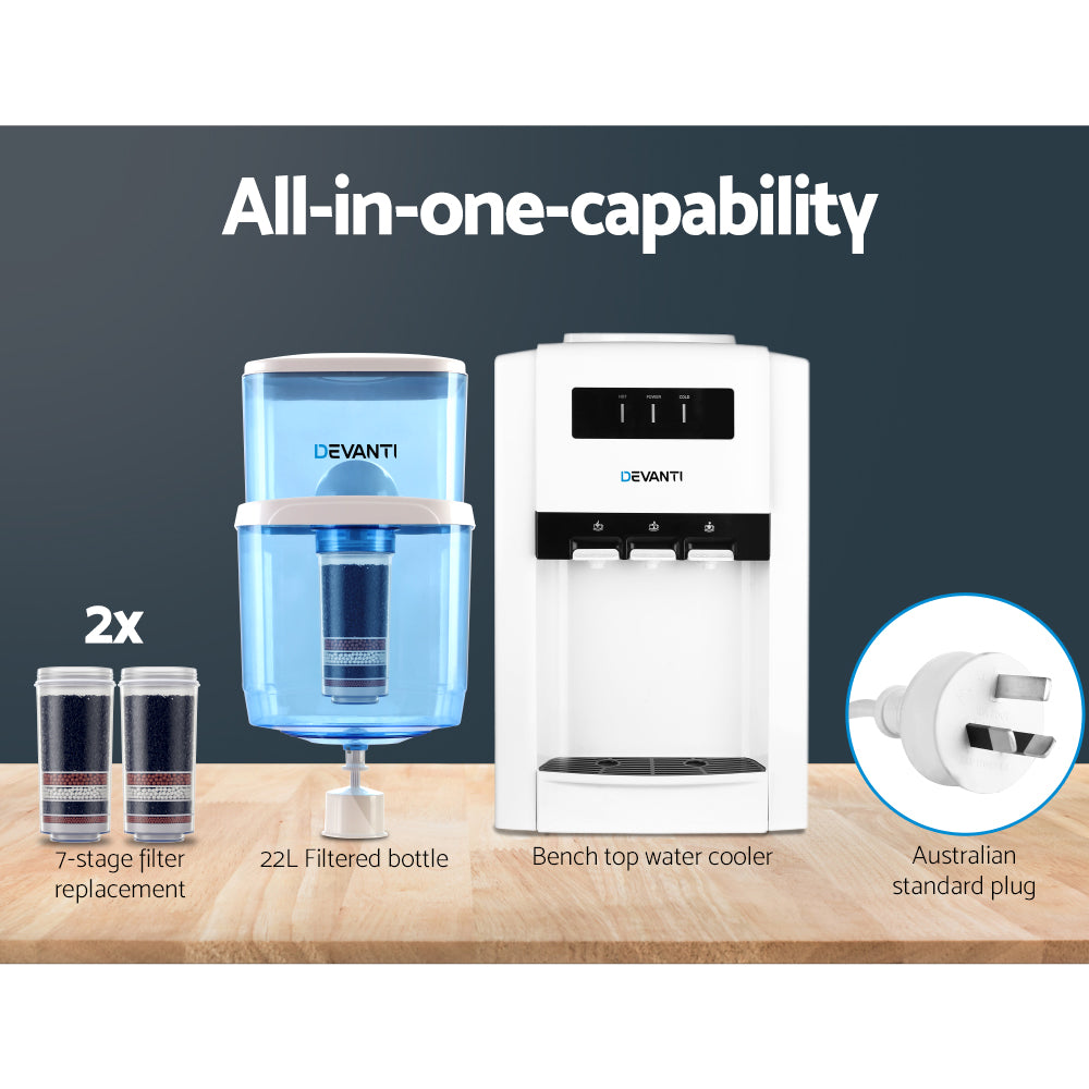 Water Dispensers: Devanti Water Cooler Dispenser Bench Top 22L w/2 Filter
