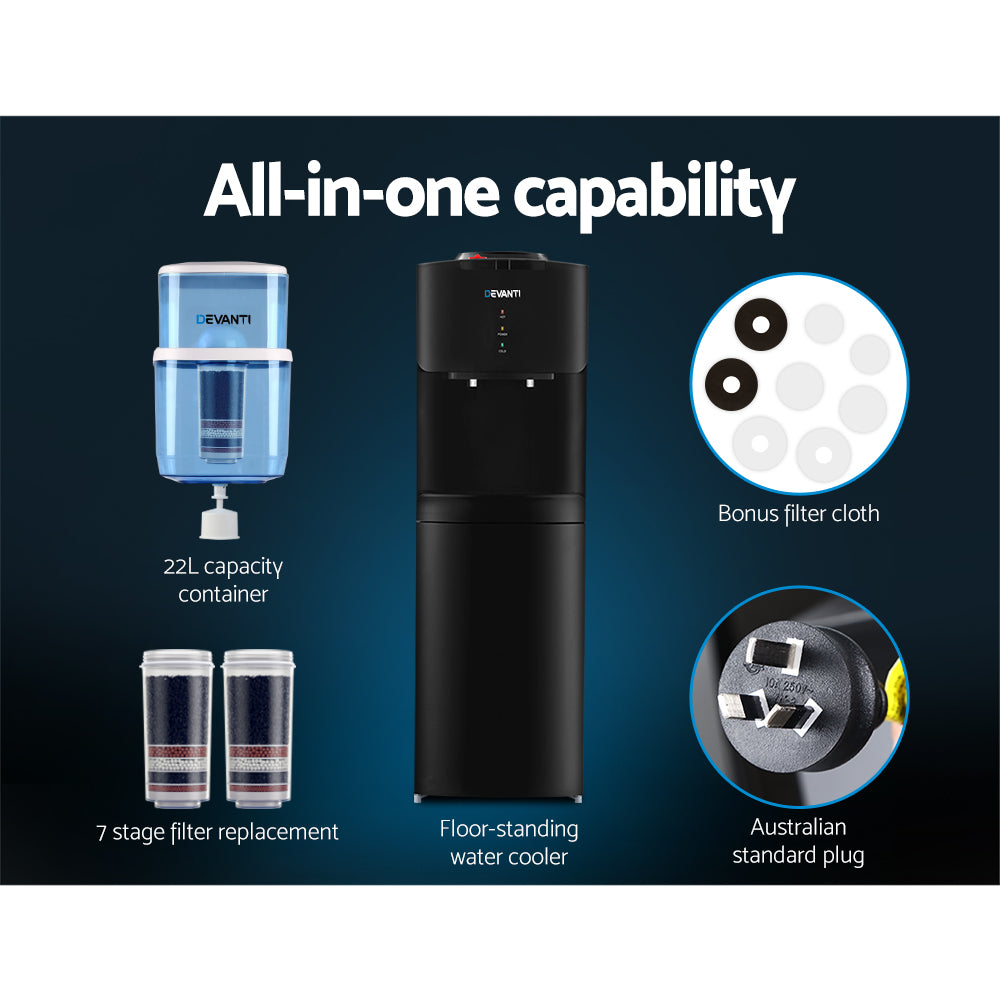 Water Dispensers: Devanti Water Cooler Dispenser Stand 22L Bottle Black w/2 Filter