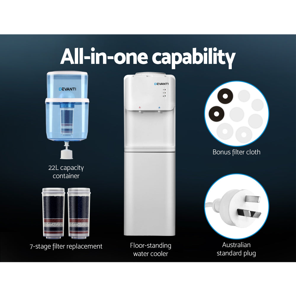 Water Dispensers: Devanti Water Cooler Dispenser Stand 22L Bottle White w/2 Filter