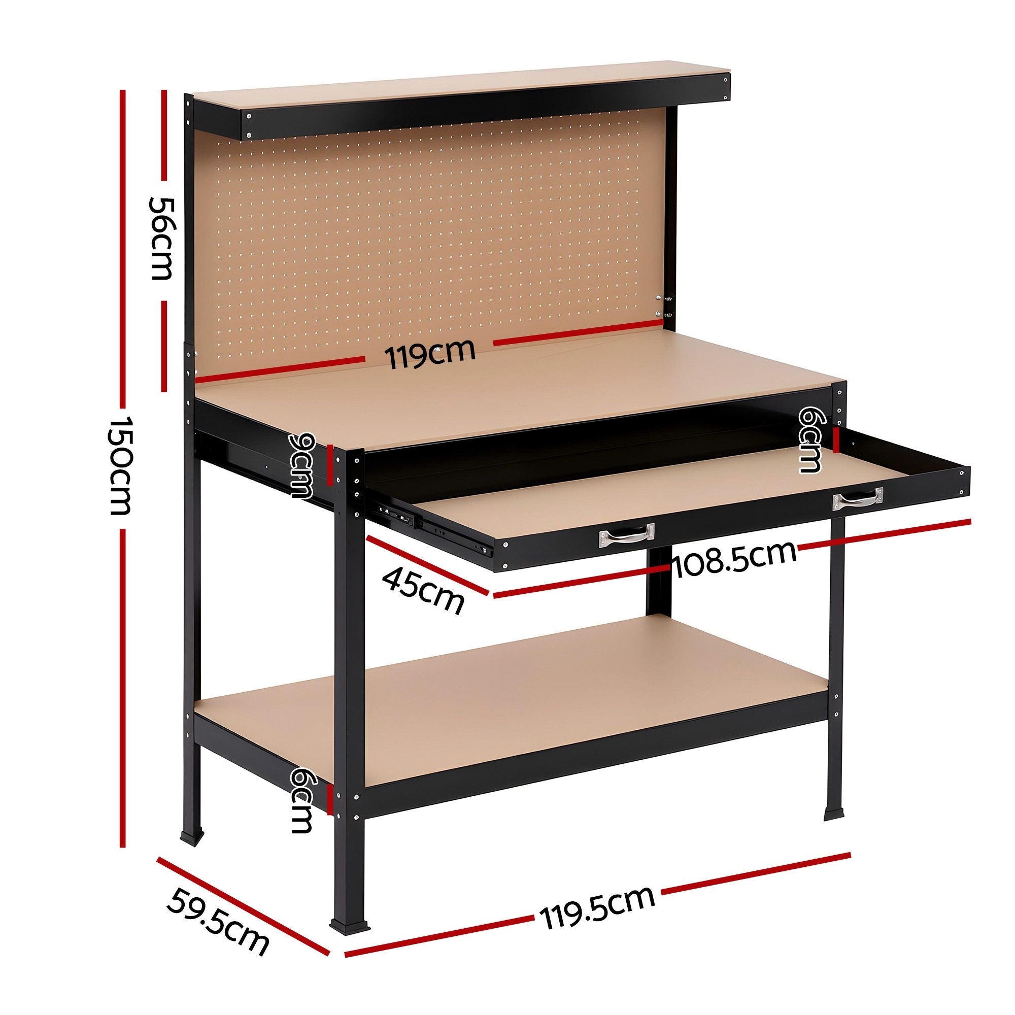 Giantz Workbench with Pegboard and Ultra-Wide 120cm Work Table for Garage DIY, 20 Hooks