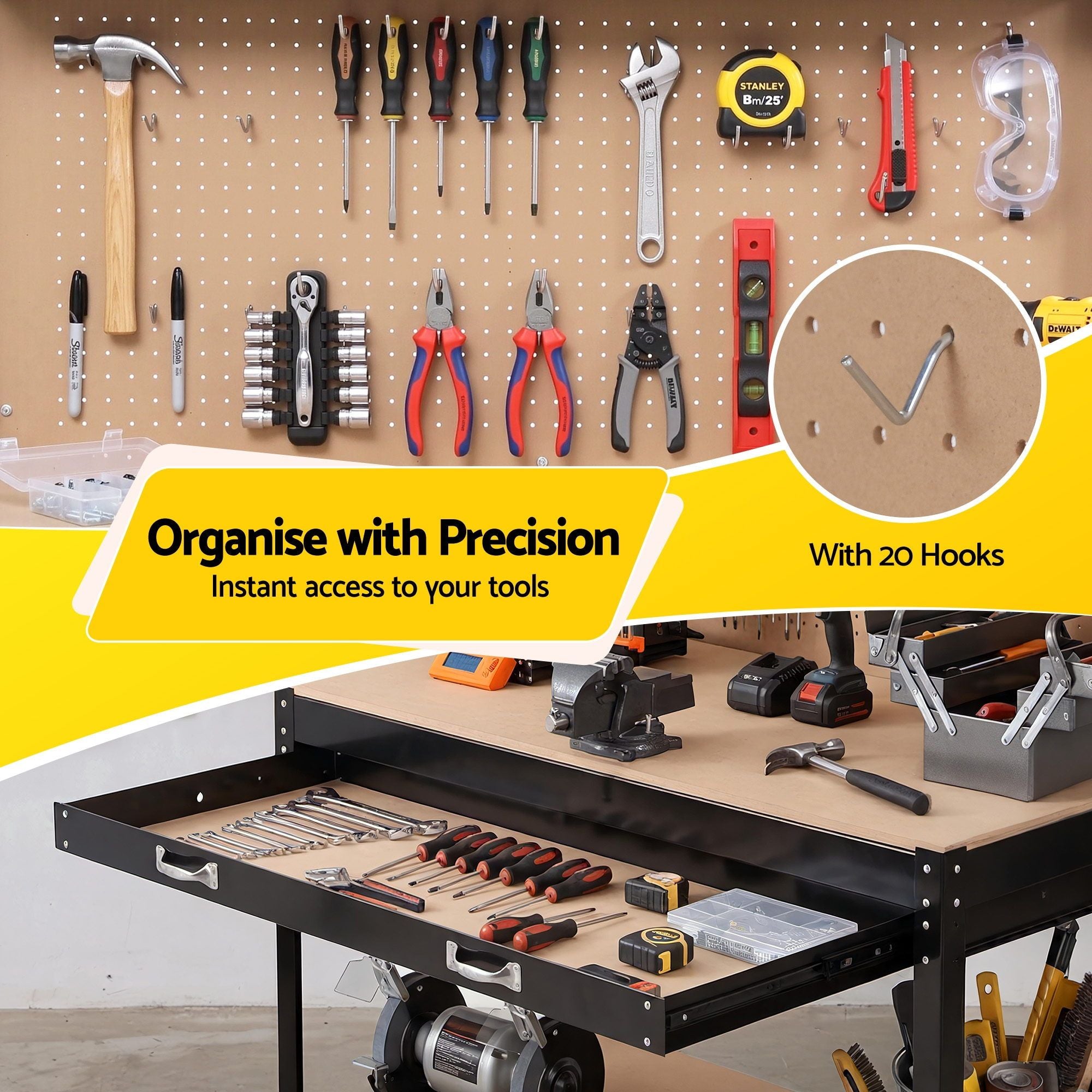 Giantz Workbench with Pegboard and Ultra-Wide 120cm Work Table for Garage DIY, 20 Hooks