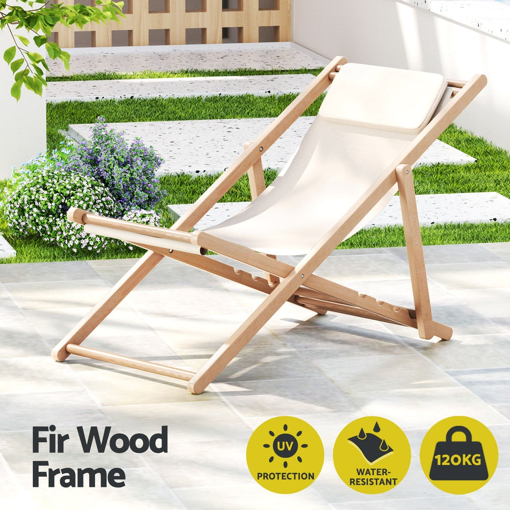 Outdoor Sofas & Lounge Sets: Gardeon Outdoor Deck Chair Wooden Sun Lounge Folding Beach Patio Furniture Beige