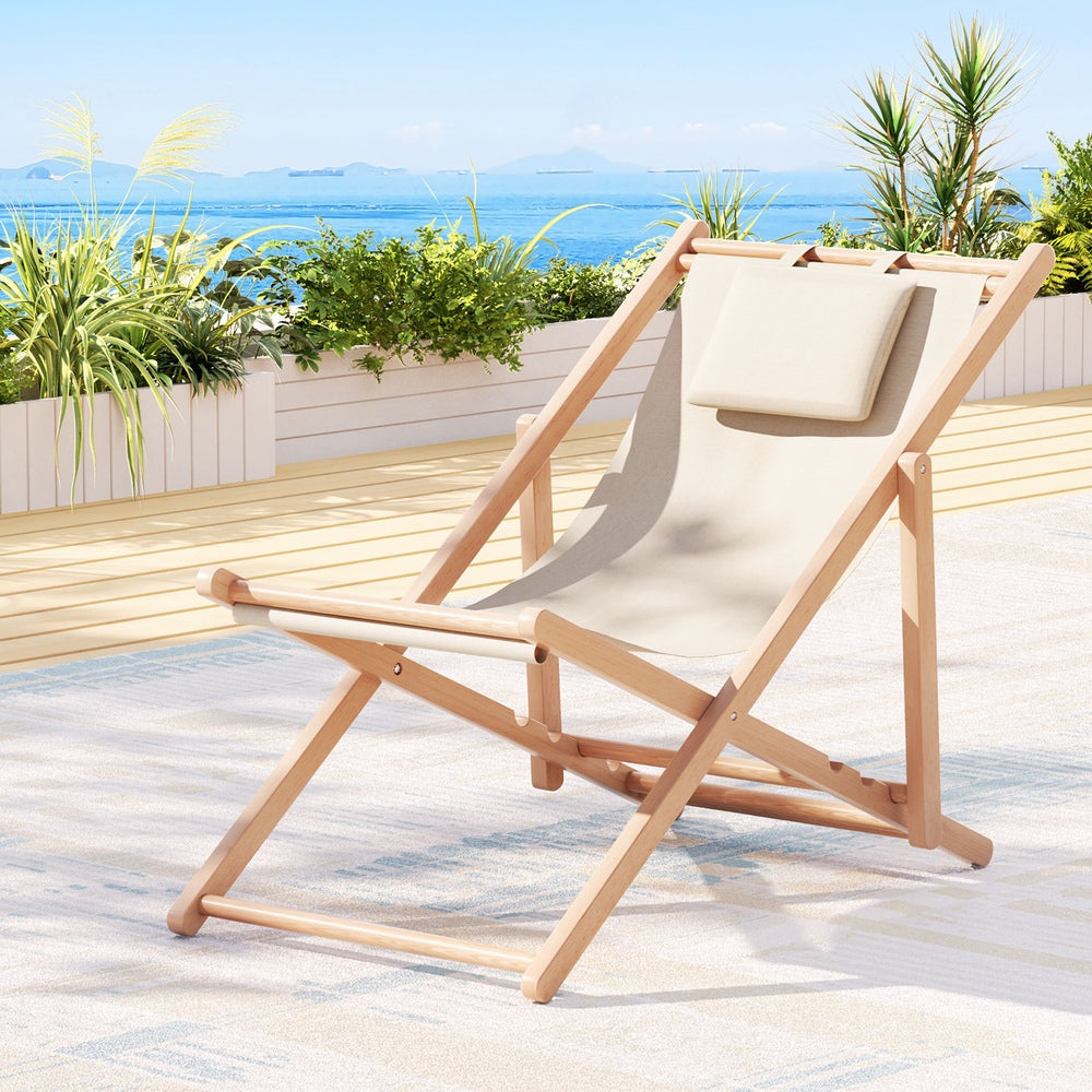 Outdoor Sofas & Lounge Sets: Gardeon Outdoor Deck Chair Wooden Sun Lounge Folding Beach Patio Furniture Beige