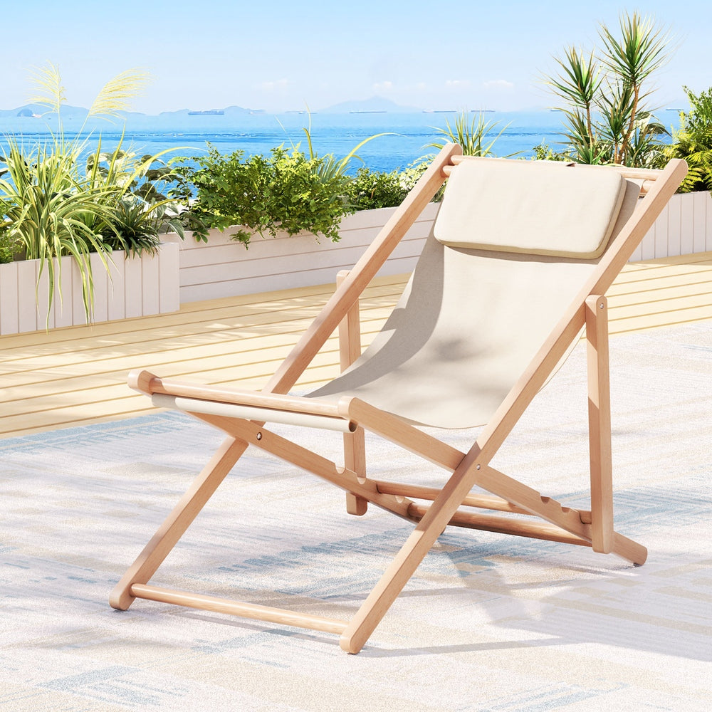 Outdoor Sofas & Lounge Sets: Gardeon Outdoor Deck Chair Wooden Sun Lounge Folding Beach Patio Furniture Beige
