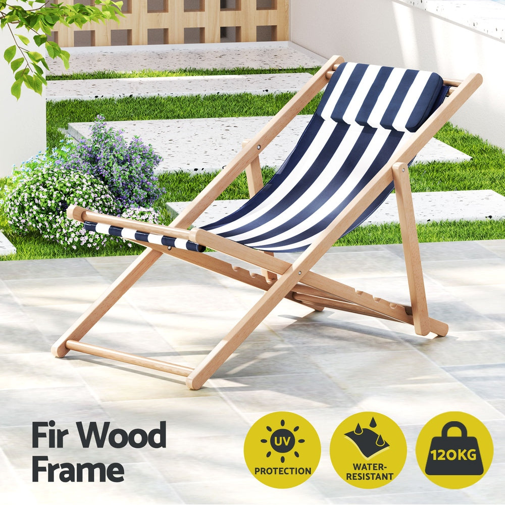 Outdoor Sofas & Lounge Sets: Gardeon Outdoor Deck Chair Wooden Sun Lounge Folding Beach Patio Furniture Blue