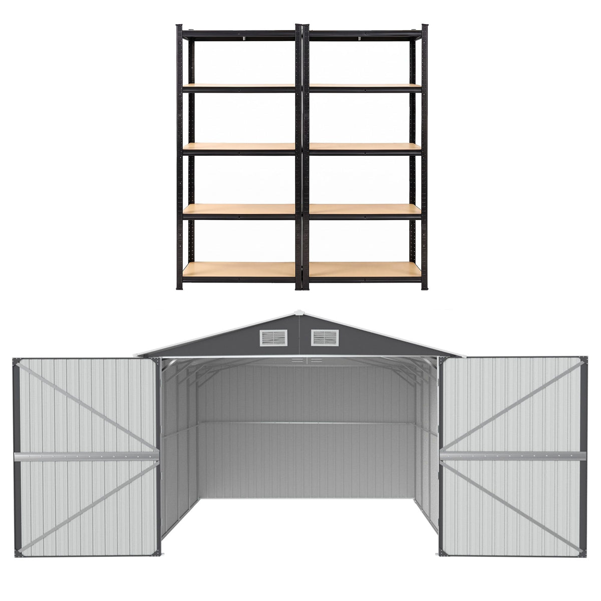Giantz Garden Shed 3x5.38m Outdoor Tool Storage 2X 5-Tier Garage Shelving Rack