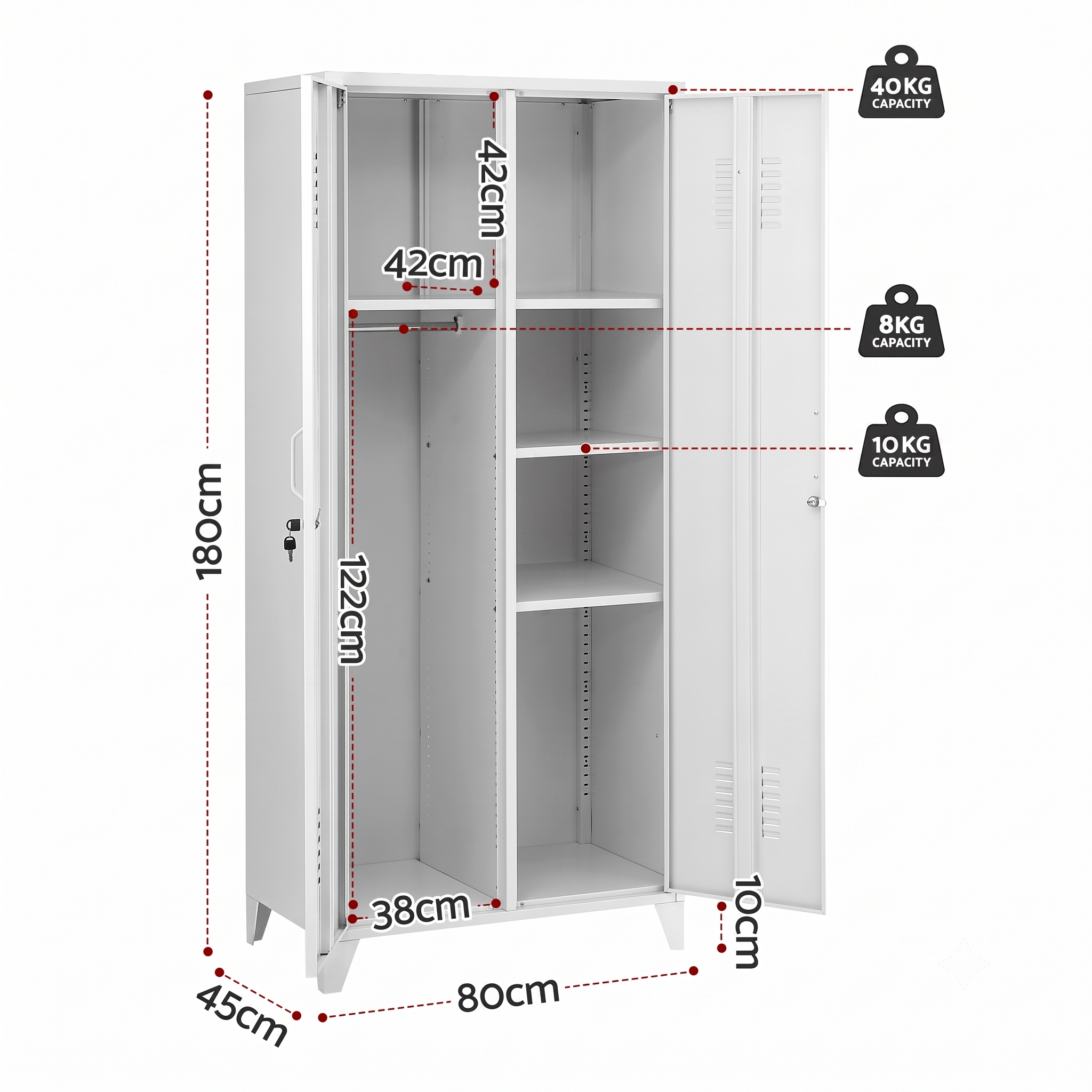 Artiss 2-Door Wardrobe Lockable Cabinet Storage Closet Hanging Rail Adjustable Shelves Cream White