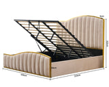 Elegant Bedding Luxury King Size Bedframe in Beige with Gas Lift Storage Velvet Fabric Golden Trim