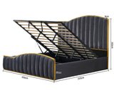 Elegant Bedding Charcoal Color King Size Luxury Bedframe with Gas Lift Storage Velvet Fabric Golden Trim