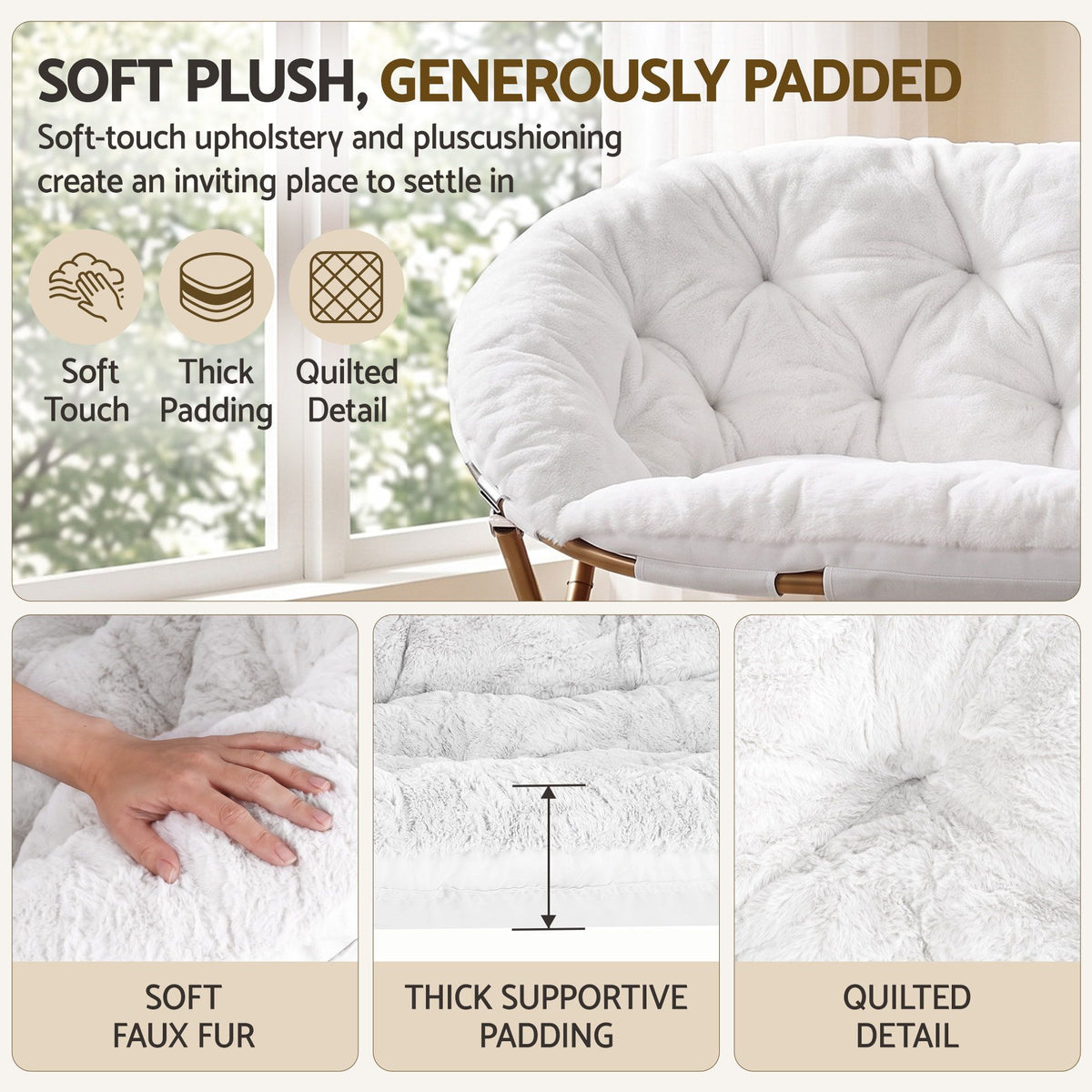 Artiss Double Saucer Chair Soft Faux Fur Lounge Foldable Oversize Chair for Bedroom White
