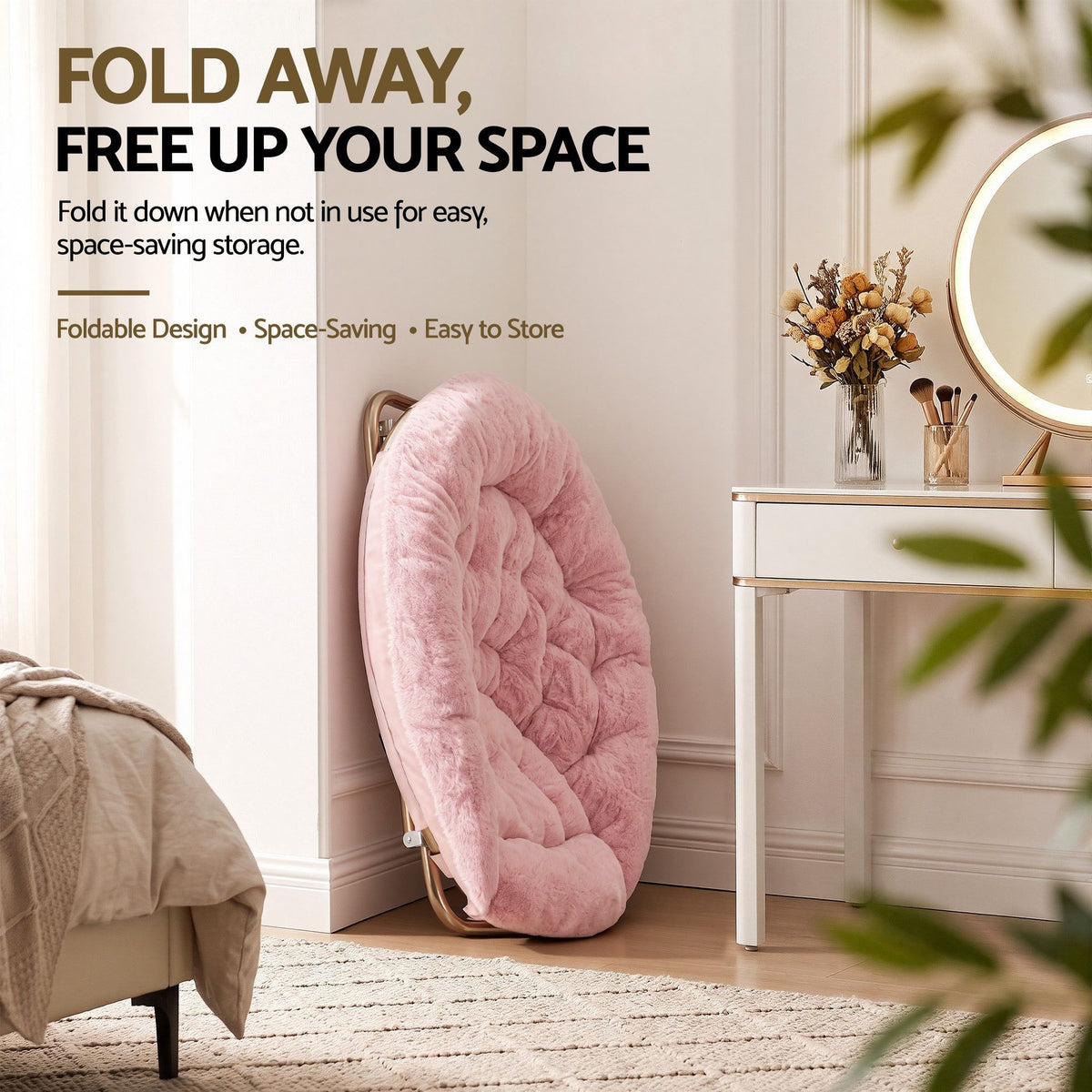 Artiss Cozy Saucer Chair Soft Faux Fur Folding Accent Chair for Bedroom Pink