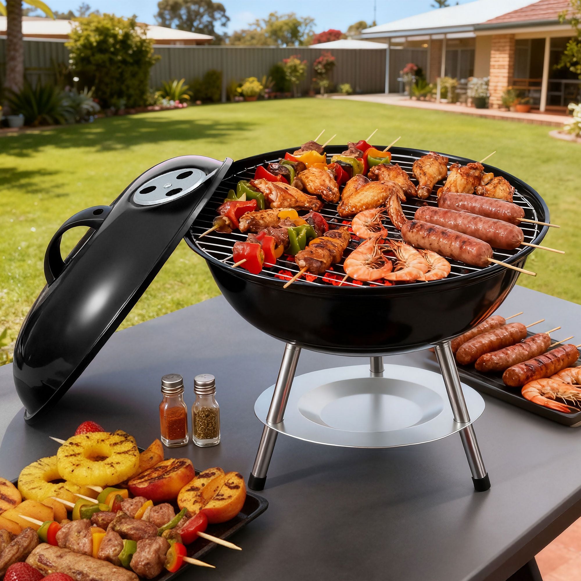 Grillz Charcoal BBQ Grill Portable with Lid for Camping Outdoor