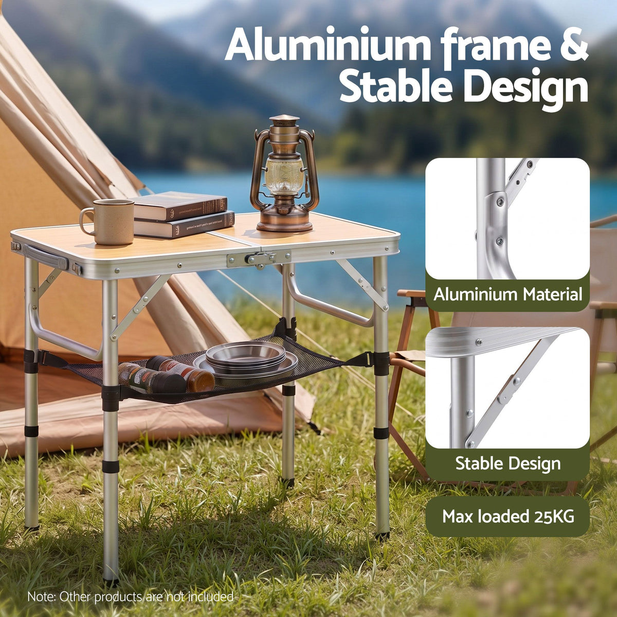 Weisshorn Folding Camping Table Adjustable Aluminium 60 x 40 cm Wood Grain