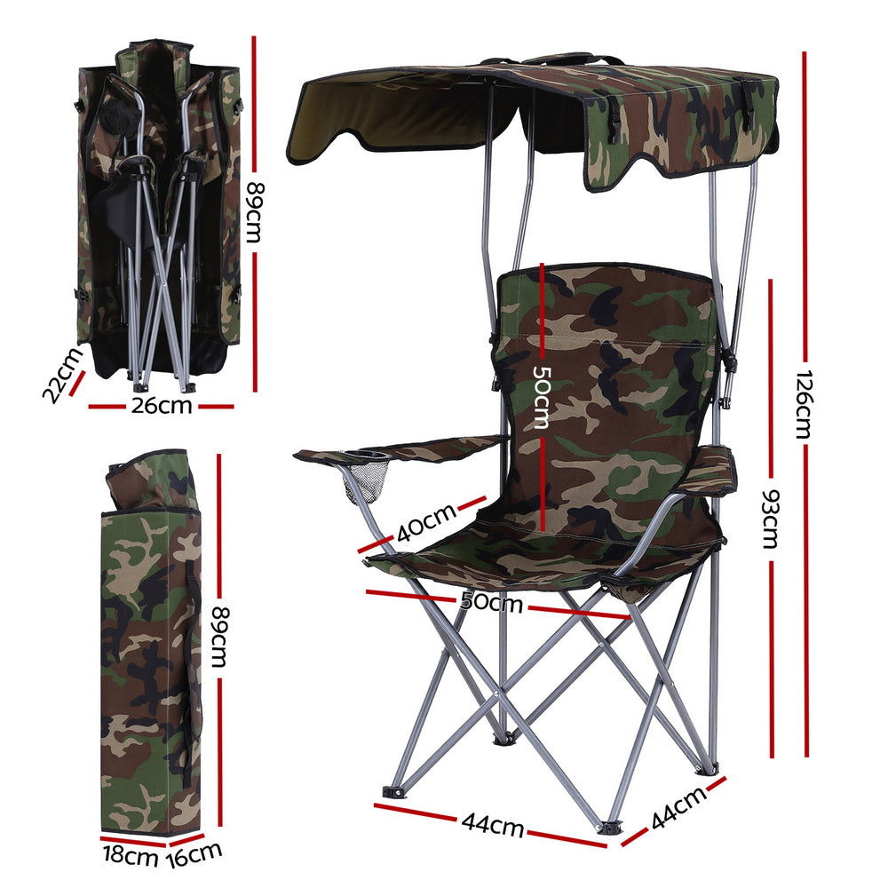 Outdoor Chairs: Weisshorn Camping Chair With Canopy Folding Outdoor Portable Seat Lightweight Beach Picnic Fishing Capacity 120KG Army Green
