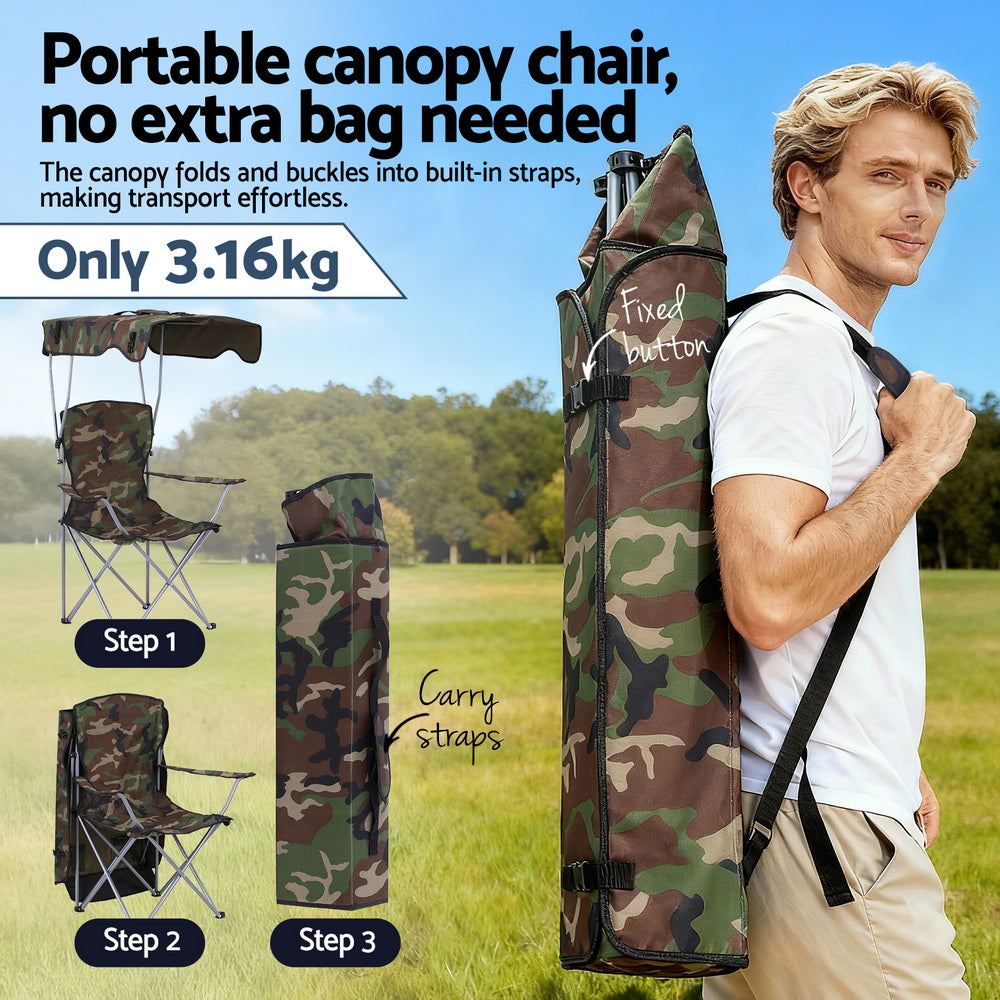 Outdoor Chairs: Weisshorn Camping Chair With Canopy Folding Outdoor Portable Seat Lightweight Beach Picnic Fishing Capacity 120KG Army Green