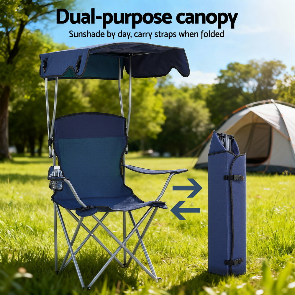Outdoor Chairs: Weisshorn Camping Chair With Canopy Folding Outdoor Portable Seat Lightweight Beach Picnic Fishing Capacity 120KG Navy Blue